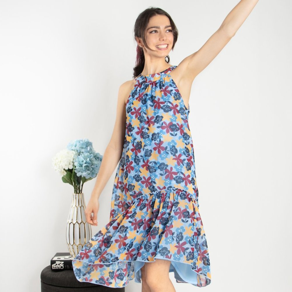 Halter Neck Floral Printed Chiffon Mini Dress (Dot & Stripe)